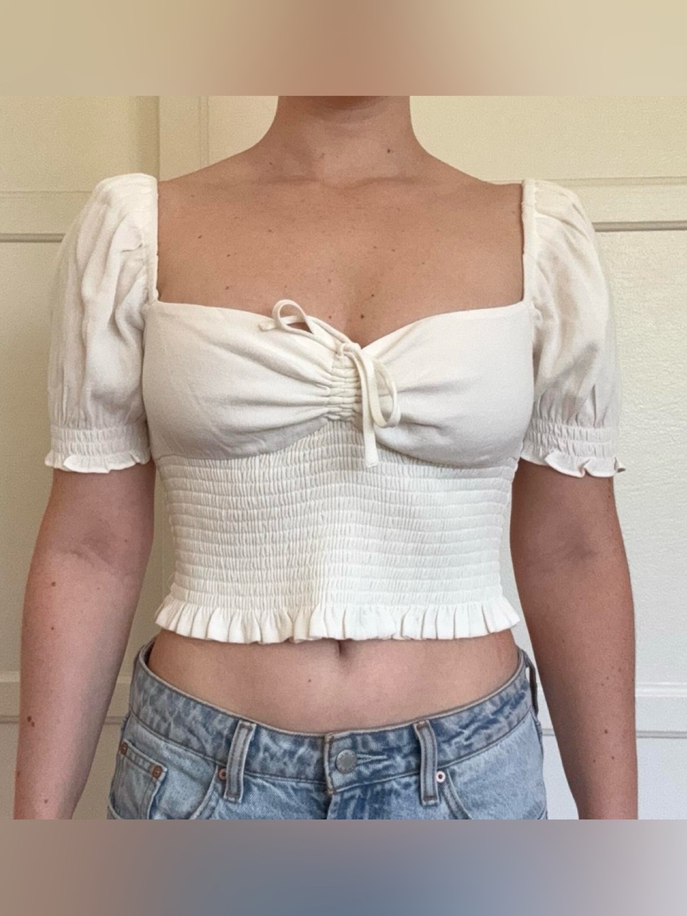 Women's White Smocked Crop Top with Puff Sleeves